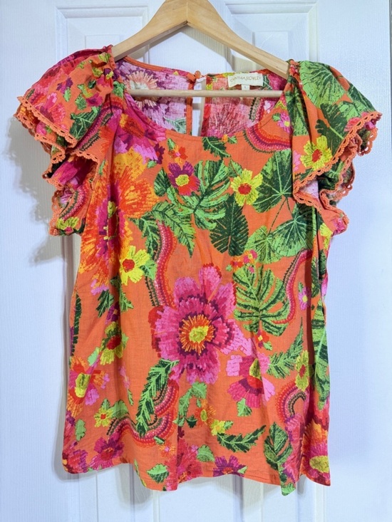 Cynthia Rowley Tops - Cynthia Rowley floral tropical orange pink ruffle linen blouse vacay top large